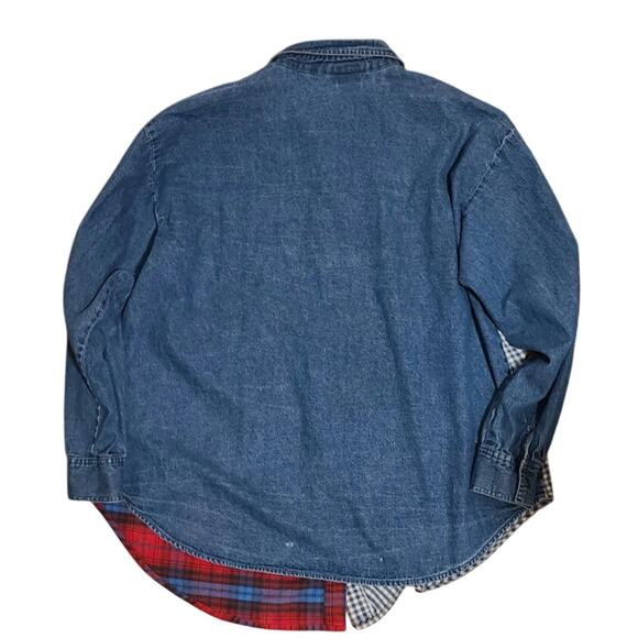 Oversized Vintage Red Blue Denim Plaid Button Flannel - Size M - Picture 2 of 9